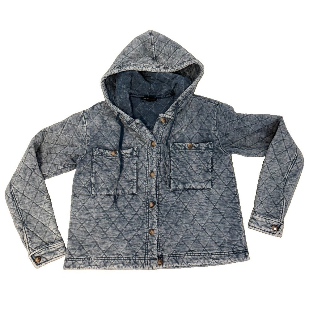 Ambiance Women's S Blue Acid Wash Quilted Hooded Jacket Boho Grunge Shacket